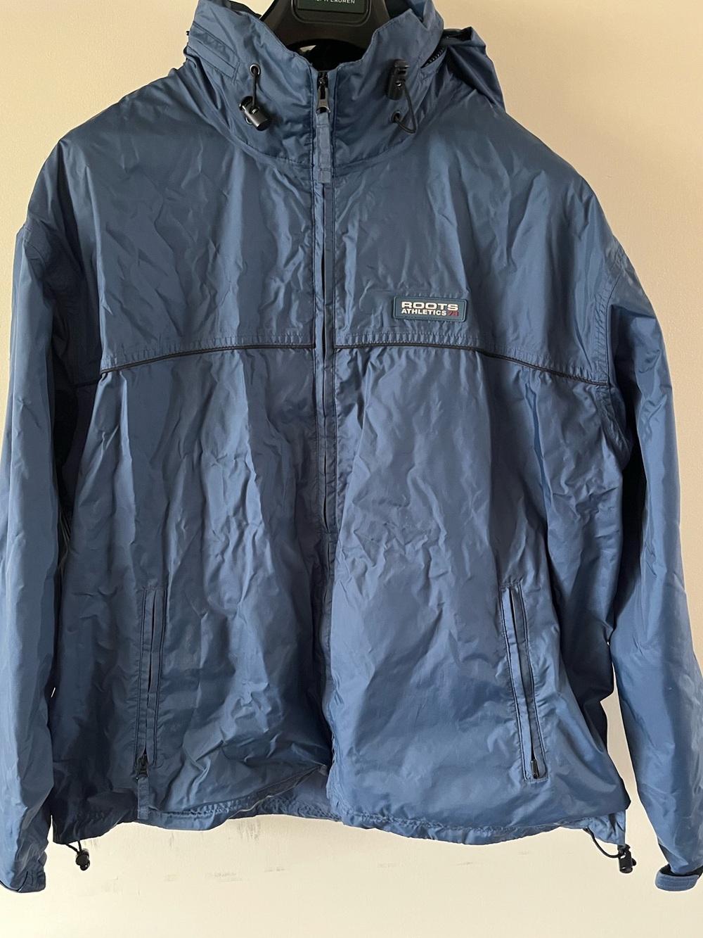 Early 2000s Vintage Roots Hooded Rain jacket / Windbreaker in Med Blue: Men’s XL